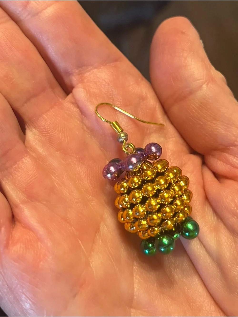 Handmade Pineapple Drop Earrings in Gold, Purple & Green Mardi Gras Beaded